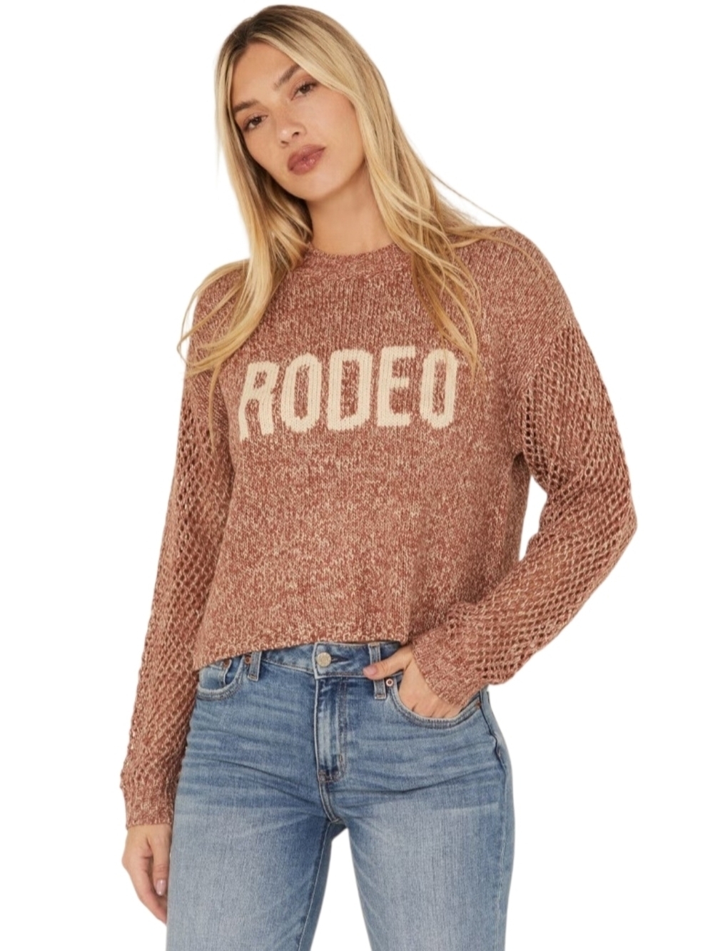 White Crow Rodeo Open Weave Long Sleeve Sweater Size M Ribbed Crew Neck/Cuffs